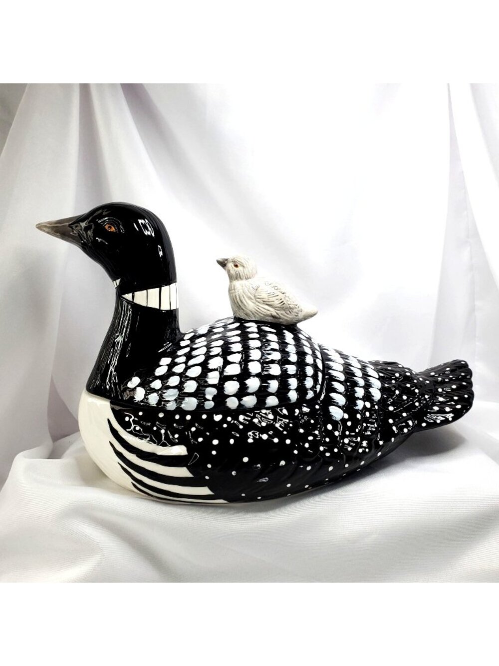 VTG Hand-Painted Folkcraft Loon Lake Ceramic Loon with Baby Cookie Jar 11" Long